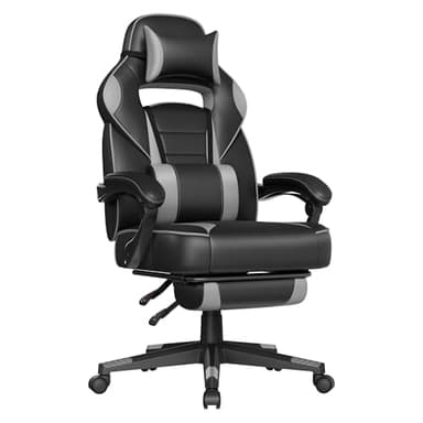 SONGMICS Fauteuil de Bureau, Chaise Gaming, RÉglable, Repose-pieds TÉlescopique, MÉcanisme À Bascule, Appui-tÊte, Support Lombaire, Charge 150 kg, Noir d'Encre et Gris Tourterelle OBG073B03