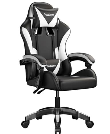 VitaForge Fauteuil Gaming Fauteuil Bureau, Chaise de Jeu Ergonomique avec Réglable en Hauteur, Support Lombaire et Appui-tête - Cuir PU, pour Le Bureau ou Le Jeu (Noir et Blanc)