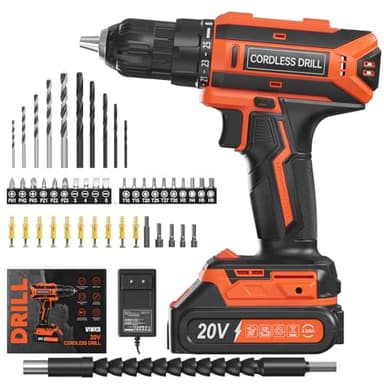 VIWKO Perceuse Visseuse Sans Fil, 20V Visseuse Devisseuse Sans Fil, 25+1 Réglages de Couple, Perceuse-visseuse Max 42Nm Visseuse, LED, jeu de 56 Accessoires pour l'Entretien et le Bricolage, Orange